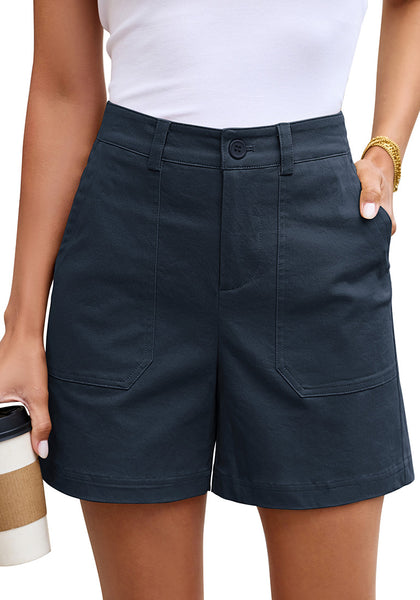 LookbookStore Women Navy Blue High Waisted Summer Shorts Casual Dressy Cotton Chino Elastic Waist 5" Inseam Mid Thigh Comfort Shorts