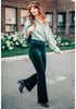Dark Green Women Elastic Waist High Waisted Flare Seam Slack Pant