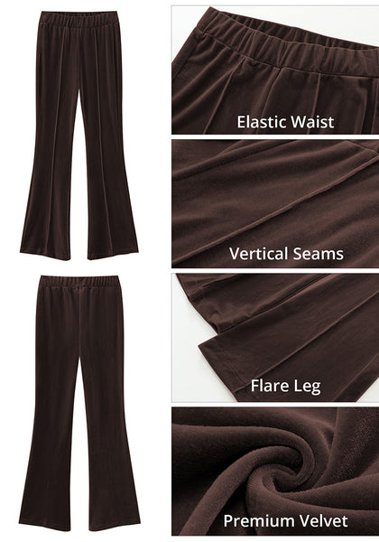 Chocolate Brown Women Elastic Waist High Waisted Flare Seam Slack Pant