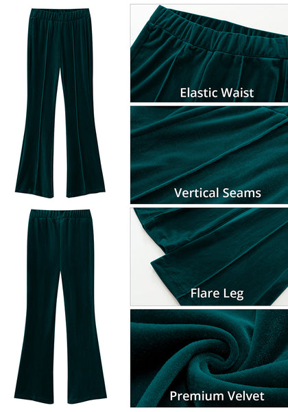 Dark Green Women Elastic Waist High Waisted Flare Seam Slack Pant