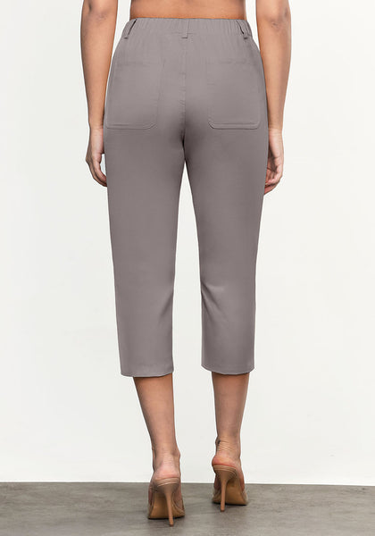Grey Women's CoolTouch Straight Leg Cropped Pant Soft Daily Wear Back Elastic Button Fly Capris Trousers