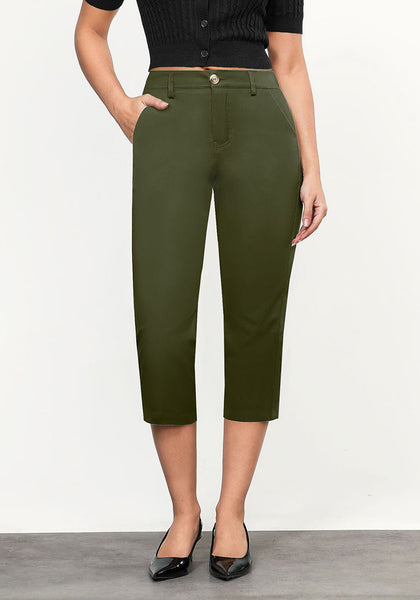 Dark Olive Women's CoolTouch Straight Leg Cropped Pant Soft Daily Wear Back Elastic Button Fly Capris Trousers