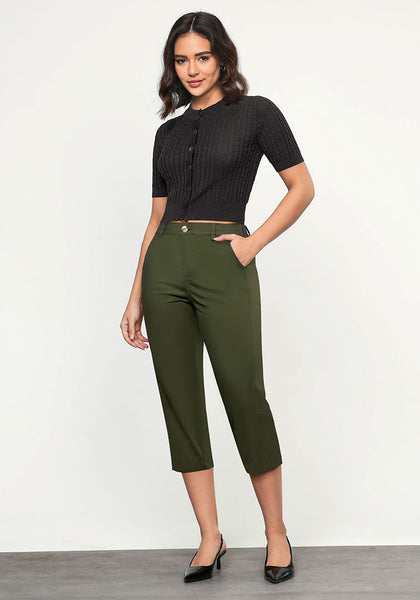 Dark Olive Women's CoolTouch Straight Leg Cropped Pant Soft Daily Wear Back Elastic Button Fly Capris Trousers