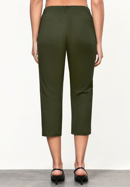 Dark Olive Women's CoolTouch Straight Leg Cropped Pant Soft Daily Wear Back Elastic Button Fly Capris Trousers