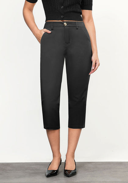 Black Women's CoolTouch Straight Leg Cropped Pant Soft Daily Wear Back Elastic Button Fly Capris Trousers