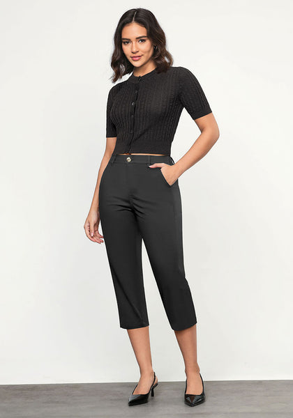 Black Women's CoolTouch Straight Leg Cropped Pant Soft Daily Wear Back Elastic Button Fly Capris Trousers