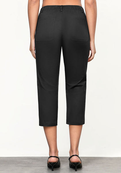 Black Women's CoolTouch Straight Leg Cropped Pant Soft Daily Wear Back Elastic Button Fly Capris Trousers