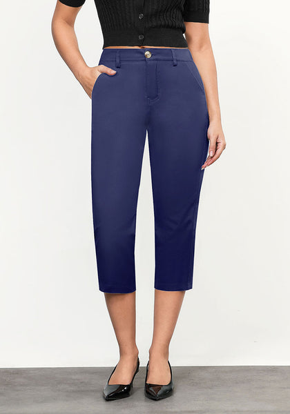 Navy Blue Women's CoolTouch Straight Leg Cropped Pant Soft Daily Wear Back Elastic Button Fly Capris Trousers