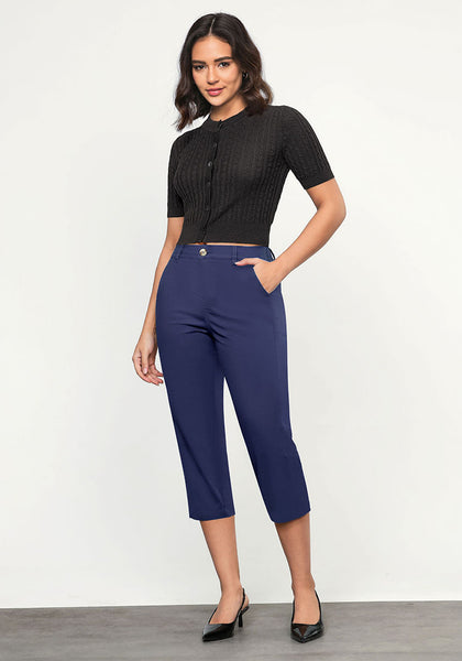Navy Blue Women's CoolTouch Straight Leg Cropped Pant Soft Daily Wear Back Elastic Button Fly Capris Trousers