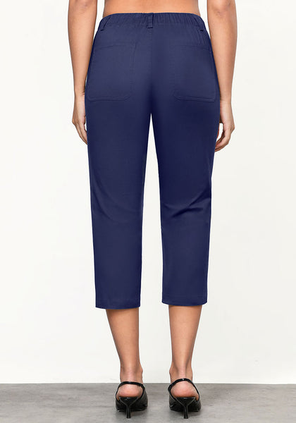 Navy Blue Women's CoolTouch Straight Leg Cropped Pant Soft Daily Wear Back Elastic Button Fly Capris Trousers