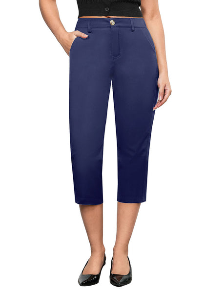 Navy Blue Women's CoolTouch Straight Leg Cropped Pant Soft Daily Wear Back Elastic Button Fly Capris Trousers