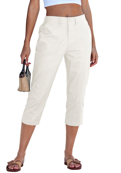 LookbookStore Women Cream White Utility Skimmer Capri Pants With Big Patched Pockets Back Elastic Waistband Ideal For Travel Daily Casual