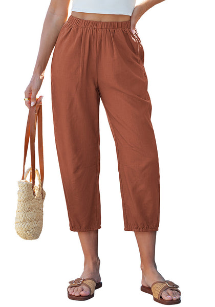 LookbookStore Women's Rust Linen Barrel Capri Pants High Waisted Elastic Pull On Casual Summer Beach Vacation Pants