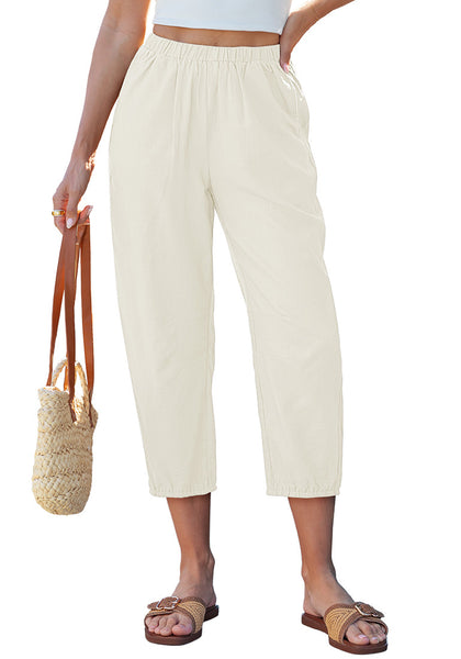 LookbookStore Women's Cream White Linen Barrel Capri Pants High Waisted Elastic Pull On Casual Summer Beach Vacation Pants