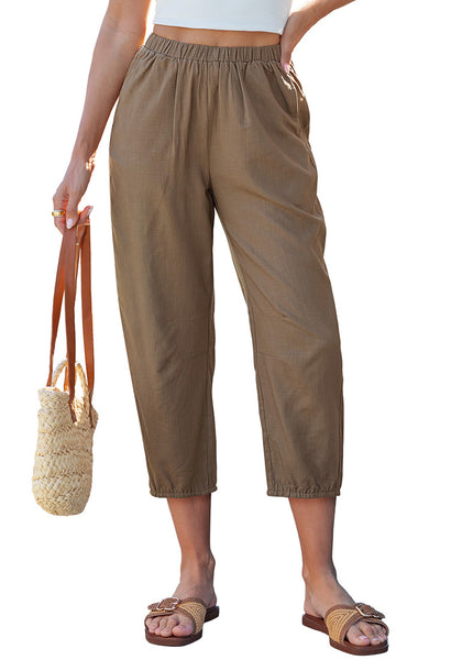 LookbookStore Women's Latte Brown Linen Barrel Capri Pants High Waisted Elastic Pull On Casual Summer Beach Vacation Pants