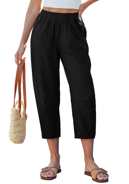 LookbookStore Women's Black Linen Barrel Capri Pants High Waisted Elastic Pull On Casual Summer Beach Vacation Pants
