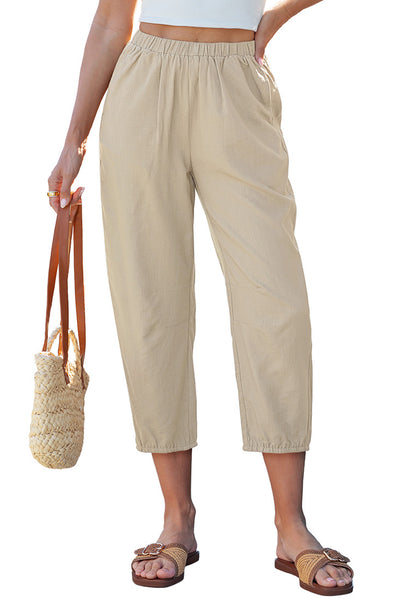 LookbookStore Women's Khaki Linen Barrel Capri Pants High Waisted Elastic Pull On Casual Summer Beach Vacation Pants