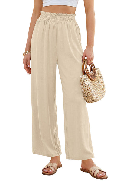 LookbookStore Women's Beige High Waisted Wide Leg Linen Pants Paper Bag Smocked Waist Casual Summer Beach Palazzo Pants