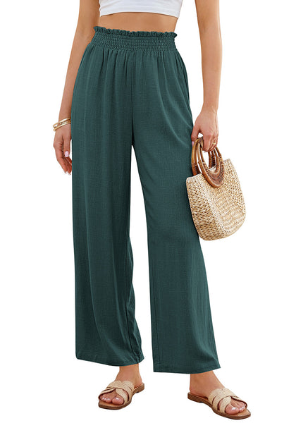 LookbookStore Women's Deep Teal High Waisted Wide Leg Linen Pants Paper Bag Smocked Waist Casual Summer Beach Palazzo Pants