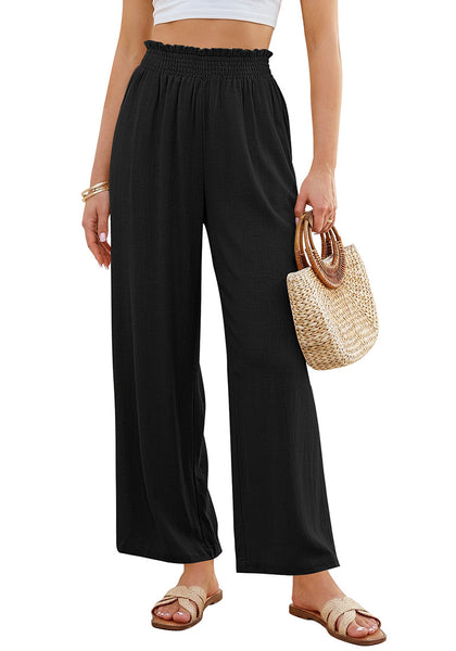 LookbookStore Women's Black High Waisted Wide Leg Linen Pants Paper Bag Smocked Waist Casual Summer Beach Palazzo Pants