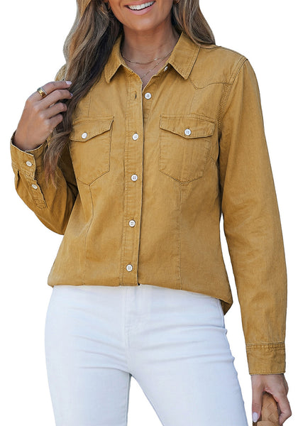 LookbookStore Women's Almond Brown Long Sleeve Button Down Denim Shirt Relaxed Fit Chambray Western Style Casual Collared Jean Top