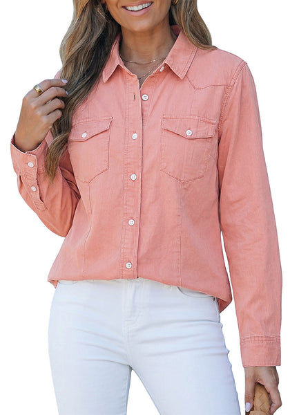 LookbookStore Women's Aurora Pink Long Sleeve Button Down Denim Shirt Relaxed Fit Chambray Western Style Casual Collared Jean Top