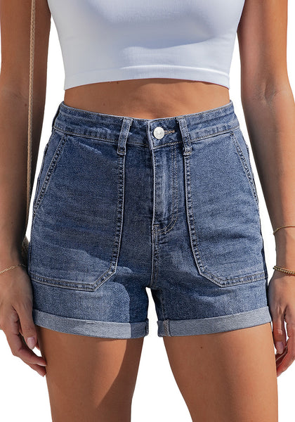 LookbookStore Timeless Blue Women's High Waisted Stretch Denim Shorts with Patch Pockets Rolled Cuff Casual Summer Staple