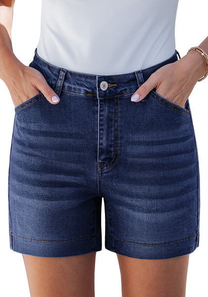 LookbookStore Women's Darkness Blue High Waist Stretchy Denim Shorts, 5 Inch Inseam Trendy Summer Casual Jean Jorts with Pockets