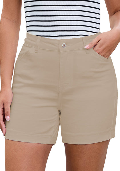 LookbookStore Women's Khaki Sand High Waist Stretchy Denim Shorts, 5 Inch Inseam Trendy Summer Casual Jean Jorts with Pockets