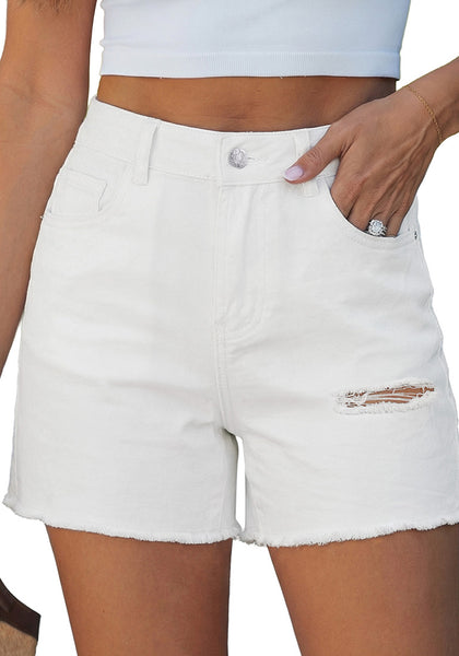 LookbookStore Women Cream White High Waisted Ripped Jean Shorts Summer Stretchy Denim Cut Off Jorts Casual Country Concert Outfit