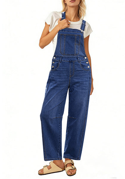 LookbookStore Women's Darkness Blue Denim Overalls Baggy Barrel Leg Stretchy Bib Jumpsuit Adjustable Straps Casual Fit
