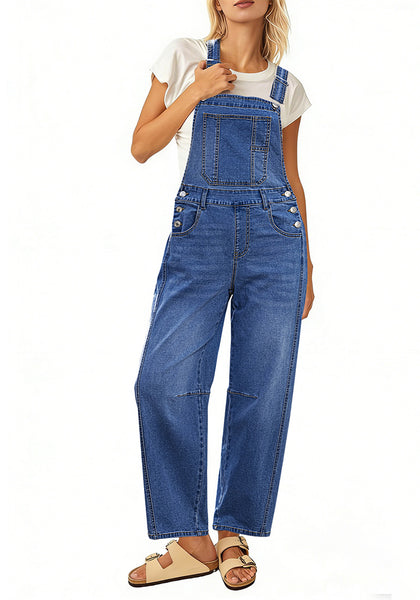 LookbookStore Women's Classic Blue Denim Overalls Baggy Barrel Leg Stretchy Bib Jumpsuit Adjustable Straps Casual Fit