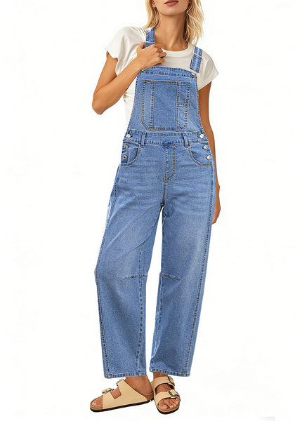 LookbookStore Women's Medium Blue Denim Overalls Baggy Barrel Leg Stretchy Bib Jumpsuit Adjustable Straps Casual Fit