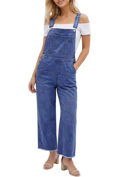 LookbookStore Women's Floral Classic Blue Embroidered Denim Overalls, Loose Fit Wide Leg Capri Bib Overall, Stretchy Raw Hem Summer Jean Jumpsuit