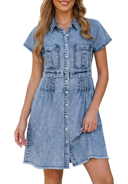 LookbookStore Reef Blue Women's Short Sleeve Babydoll Denim Dress – Pleated Raw Hem Distressed Western Style with Pockets