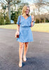 Powder Blue Denim Dress for Women Chambray Batwing Sleeves Smocked Waist A-line Short Jean Dresses with Pockets