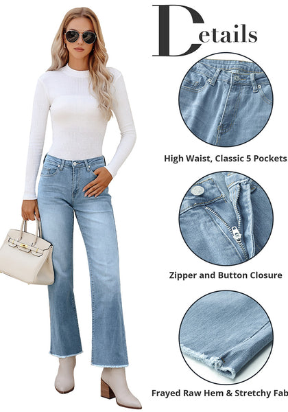 Ice Blue Women's Straight Leg Pull On Denim Pant High Waisted Stretch