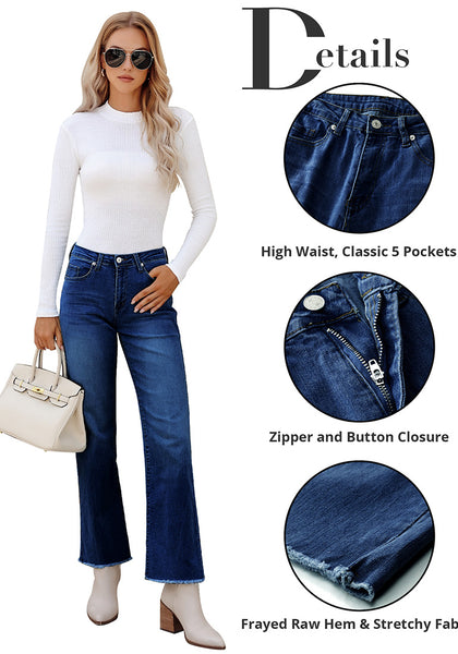Dark Blue Women's Straight Leg Pull On Denim Pant High Waisted Stretch