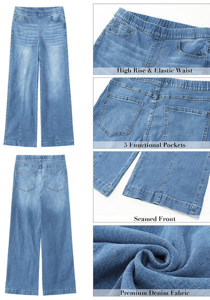 Medium Blue Women's Stretchy Pull On Jeans High Waisted Denim Pants