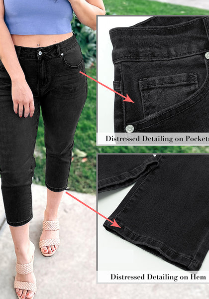 Washed Black Women's High Waisted Straight Leg Denim Jeans Pockets Casual Capri Pants