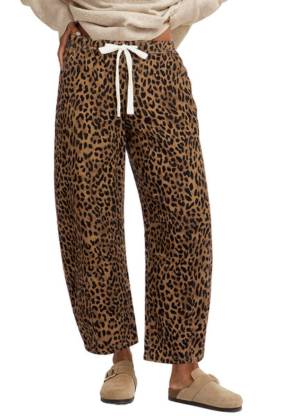 Women's Leopard Print Wide Leg Pants with Drawstring Elastic Waist Casual Loose Trousers for Summer Lounge & Vacation