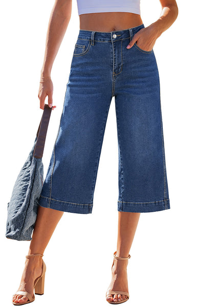 LookbookStore Women's Classic Blue High Waisted Wide Leg Capri Pants Stretchy Denim Jeans Side Seam Design Casual Summer Trendy Style