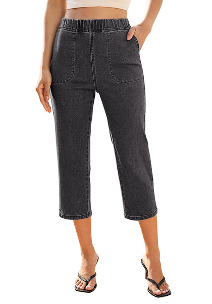 LookbookStore Washed Black Women Elastic High Waist Pull On Denim Capri Pants With Side Pockets Relaxed Fit Casual Daily Wear