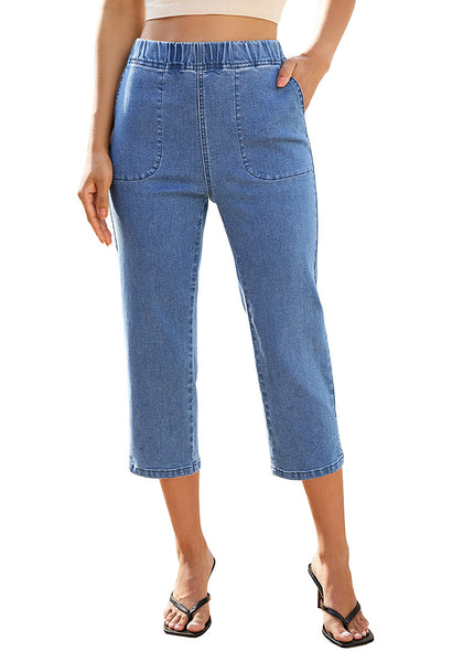 LookbookStore Medium Blue Women Elastic High Waist Pull On Denim Capri Pants With Side Pockets Relaxed Fit Casual Daily Wear