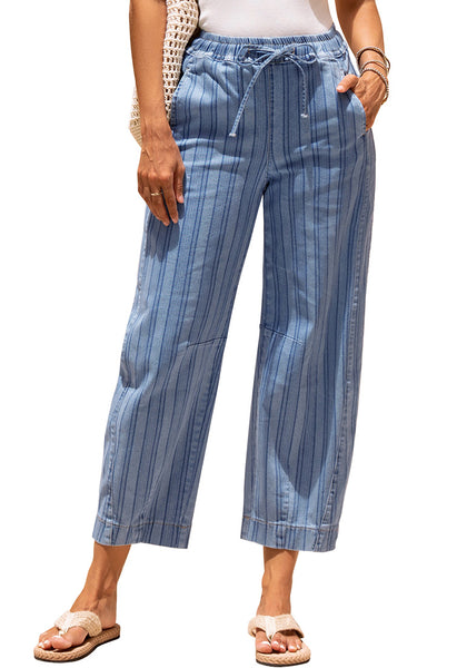 LookbookStore Women's Medium Blue Stripe Cropped Barrel Jeans High Waist Elastic Pull On Wide Leg Casual Stretch Denim Pants