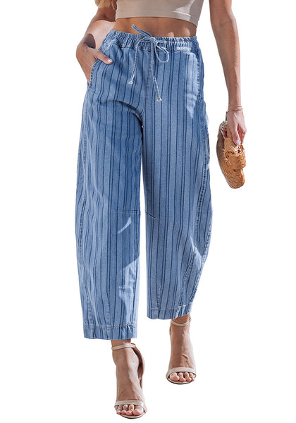 LookbookStore Women's Modern Blue Stripe Cropped Barrel Jeans High Waist Elastic Pull On Wide Leg Casual Stretch Denim Pants