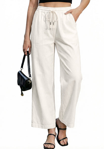 LookbookStore Cream White Women's Wide Leg Denim Jeans High Waisted Drawstring Elastic Waist Relaxed Fit Cropped