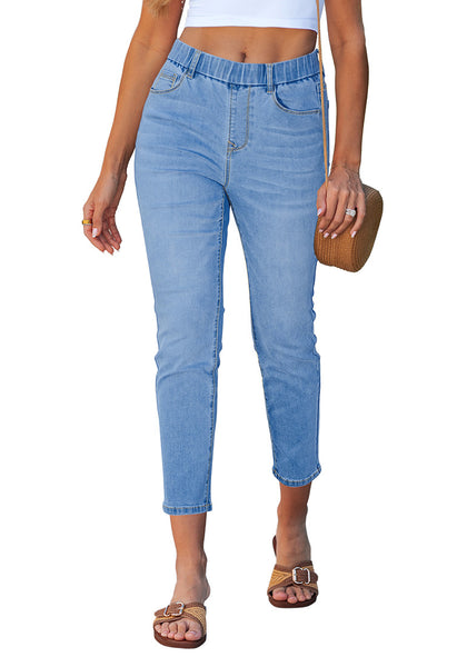 LookbookStore Seaside Blue Cropped Straight Leg Jeans for Women High Waisted Slim Fit Denim Pants with Pockets