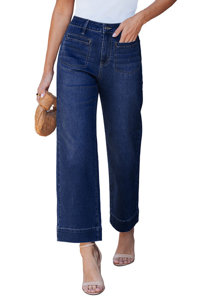 LookbookStore Women's Darkness Blue Cropped Wide Leg Jeans High Waisted Baggy Straight Stretch Denim Pants With Patch Pockets