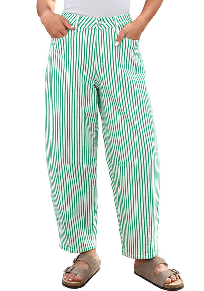 LookbookStore Women's Green Trendy Barrel Jeans Baggy Wide Leg Pinstripe High Waisted Cropped Stretchy Denim Pants